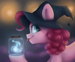 Size: 1800x1500 | Tagged: safe, artist:melodylibris, imported from derpibooru, pinkie pie, earth pony, pony, spider, :p, female, hat, jar, magic, mare, solo, tongue out, witch hat