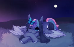 Size: 2271x1437 | Tagged: safe, artist:astralblues, imported from derpibooru, oc, oc only, butterfly, pegasus, pony, full moon, looking at you, moon, one eye closed, smiling, solo, spread wings, wings