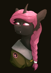 Size: 1400x2000 | Tagged: safe, artist:lazymishel, imported from derpibooru, oc, oc:chittering compass, changeling, equestria at war mod, bust, clothes, fangs, greneclyf, horn, pink changeling, ponytail, soldier, solo, story included, uniform