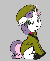 Size: 826x1014 | Tagged: safe, alternate version, artist:mcsadat, color edit, edit, imported from derpibooru, sweetie belle, clothes, colored, gray background, military uniform, north korea, simple background, solo, uniform