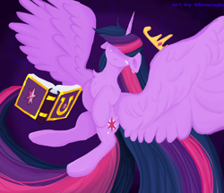 Size: 3296x2850 | Tagged: safe, artist:memengla, imported from derpibooru, twilight sparkle, alicorn, pony, book, crown, crying, female, floppy ears, hair over eyes, high res, jewelry, mare, regalia, solo, spread wings, twilight sparkle (alicorn), wings