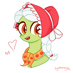 Size: 1200x1200 | Tagged: safe, artist:memengla, imported from derpibooru, granny smith, earth pony, pony, bonnet, bust, clothes, cute, female, granny smith's shawl, heart, mare, open mouth, open smile, simple background, smiling, solo, white background, young granny smith, younger