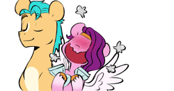 Size: 1466x776 | Tagged: safe, artist:chub-wub, edit, imported from derpibooru, hitch trailblazer, pipp petals, earth pony, pegasus, pony, adorapipp, adorkable, blushing, comic, cropped, crown, cute, daaaaaaaaaaaw, dork, duo, euphoric, faic, female, flustered, food, g5, hitchpipp, jewelry, male, mare, regalia, shipping, simple background, smiling, smug, stallion, straight, white background