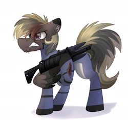 Size: 2123x2007 | Tagged: safe, artist:lbrcloud, imported from derpibooru, oc, oc only, pegasus, pony, blood, gun, high res, pegasus oc, solo, weapon