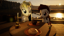 Size: 3840x2160 | Tagged: safe, artist:horsesexhaver, imported from derpibooru, oc, oc:acey, oc:aryanne, 3d, aryan, aryan pony, brown mane, candle, cookie, cute, eating, female, flower, food, forest, high res, mare, mountain, muffin, outdoors, red eyes, render, sunset, table, unreal engine, water