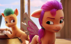 Size: 1272x786 | Tagged: safe, imported from derpibooru, screencap, hitch trailblazer, sunny starscout, earth pony, pony, spoiler:g5, spoiler:my little pony: a new generation, colt, colt hitch trailblazer, cropped, cute, fake wings, female, filly, filly sunny starscout, foal, frown, g5, hitchbetes, male, my little pony: a new generation, needs more jpeg, smiling, young hitch, young sunny, younger