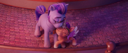 Size: 1894x786 | Tagged: safe, imported from derpibooru, screencap, sunny starscout, earth pony, pony, argyle starshine, best dad, father and child, father and daughter, female, filly, filly sunny starscout, foal, g5, horn, male, my little pony: a new generation, needs more jpeg, nuzzling, playing, stallion, younger
