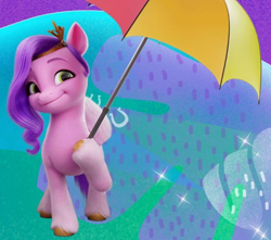 Size: 544x480 | Tagged: safe, imported from derpibooru, pipp petals, pegasus, pony, 2d, 3d, adorapipp, china, chinese, confident, cute, g5, happy, holding, looking at you, my little pony: a new generation, princess, proud, royalty, simple background, smiling, standing, umbrella, wechat, weixin