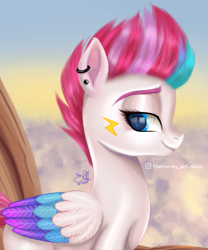 Size: 683x821 | Tagged: safe, artist:fluttershy_art.nurul, imported from derpibooru, zipp storm, pegasus, pony, cliff, cloud, cute, ear piercing, earring, female, folded wings, g5, jewelry, lightning, my little pony: a new generation, piercing, smiling, solo, wings