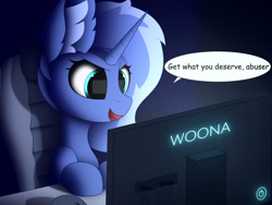 Size: 1920x1440 | Tagged: safe, artist:alexbefest, imported from derpibooru, princess luna, alicorn, pony, unicorn, gamer luna, luna game, blue, cute, female, filly, solo, woona, younger