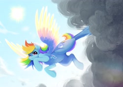 Size: 4096x2896 | Tagged: safe, artist:boorakun, imported from derpibooru, rainbow dash, pegasus, pony, backwards cutie mark, cloud, cloud busting, colored wings, female, flying, high res, kicking, mare, multicolored wings, obtrusive watermark, rainbow wings, signature, solo, sun, watermark, wings