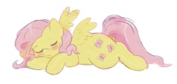 Size: 945x449 | Tagged: safe, artist:boorakun, imported from derpibooru, fluttershy, pegasus, pony, 2021, colored sketch, eyes closed, female, lying down, mare, one ear down, prone, simple background, sleeping, solo, spread wings, white background, wings