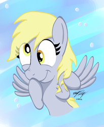 Size: 822x1002 | Tagged: safe, artist:ebbysharp, imported from derpibooru, derpy hooves, pegasus, pony, :t, abstract background, bust, eye clipping through hair, female, hoof over mouth, mare, nose wrinkle, shading, signature, smiling, solo, wings