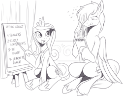 Size: 1613x1254 | Tagged: safe, artist:nauyaco, imported from derpibooru, princess cadance, oc, pegasus, pony, advice, dating, dexterous hooves, duo, female, hoof hold, male, mare, monochrome, notepad, pencil, pointer, sitting, stallion, sweat, tongue out, unshorn fetlocks