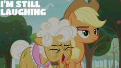 Size: 1280x720 | Tagged: safe, edit, edited screencap, editor:quoterific, imported from derpibooru, screencap, applejack, goldie delicious, earth pony, pony, going to seed, season 9, spoiler:s09, apple, applejack's hat, cowboy hat, duo, eyes closed, female, food, hat, mare, open mouth, open smile, smiling, text, tree