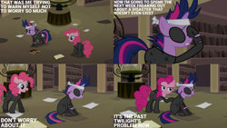 Size: 1280x720 | Tagged: safe, edit, edited screencap, editor:quoterific, imported from derpibooru, screencap, pinkie pie, twilight sparkle, earth pony, pony, unicorn, it's about time, season 2, bookshelf, disguise, duo, eyepatch, eyepatch (disguise), eyes closed, female, future twilight, hourglass, library, mare, ninja, open mouth, open smile, smiling, text, unicorn twilight