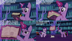 Size: 1280x720 | Tagged: safe, edit, edited screencap, editor:quoterific, imported from derpibooru, screencap, starlight glimmer, twilight sparkle, alicorn, pony, unicorn, fame and misfortune, season 7, book, duo, female, leaning on the fourth wall, library, magic, mare, open mouth, open smile, smiling, telekinesis, text, twilight sparkle (alicorn), twilight's castle, twilight's castle library