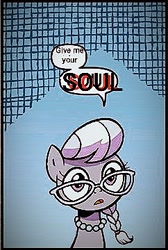 Size: 242x360 | Tagged: safe, edit, idw, imported from derpibooru, silver spoon, earth pony, pony, adoracreepy, braid, creepy, cute, deep fried meme, female, filly, foal, glasses, meme, picture for breezies, silverbetes, soul, talking to viewer, text edit
