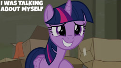 Size: 1280x720 | Tagged: safe, edit, edited screencap, editor:quoterific, imported from derpibooru, screencap, twilight sparkle, alicorn, pony, season 6, the saddle row review, box, female, grin, mare, smiling, solo, text, twilight sparkle (alicorn)