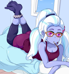 Size: 1867x1989 | Tagged: safe, artist:n00bultima, imported from derpibooru, sugarcoat, equestria girls, bed, breasts, cleavage, clothes, female, glasses, leggings, looking at you, lying down, mouth hold, prone, socks, solo, stocking feet, the pose, tight clothing, window