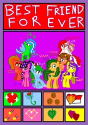 Size: 724x1024 | Tagged: safe, artist:indonesia pony, imported from derpibooru, oc, oc:cookie berry, oc:freedom luck, oc:galaxy moon, oc:sparkle dust, oc:star glitter, oc:sugar luck, oc:sweet pie, oc:tulip, breezie, dracony, dragon, earth pony, hybrid, original species, pegasus, unicorn, best friends, cookie, cutie mark, female, flower, flower in hair, flying, food, heart, indonesia, indonesian, leaves, looking at someone, looking at you, mare, one eye closed, open mouth, ponytail, raised hoof, sitting, smiling, smiling at you, sparkling, sparkly mane, tulip, wink, winking at you