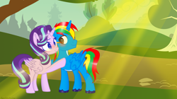 Size: 5000x2800 | Tagged: safe, artist:sugarcubecreationz, imported from derpibooru, starlight glimmer, oc, oc:shield wing, alicorn, pony, alicornified, canon x oc, crepuscular rays, duo, female, heart eyes, hug, male, race swap, starlicorn, straight, wingding eyes