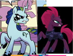Size: 618x476 | Tagged: safe, artist:michela cacciatore, idw, imported from derpibooru, tempest shadow, pony, unicorn, black belle, broken horn, comparison, horn, my little pony: generations, redraw