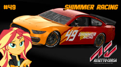 Size: 1022x572 | Tagged: safe, imported from derpibooru, sunset shimmer, equestria girls, assetto corsa, car, clothes, female, ford, ford mustang, game, gloves, logo, motorcross, nascar, racecar, showroom, solo, team