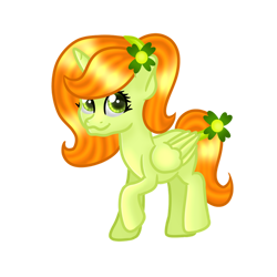 Size: 894x894 | Tagged: safe, artist:violight0803, imported from derpibooru, oc, oc:lucky key, alicorn, pony, clover, female, flower, looking at you, mare, ponytail, raised hoof, shading, simple background, smiling, smiling at you, solo, transparent background