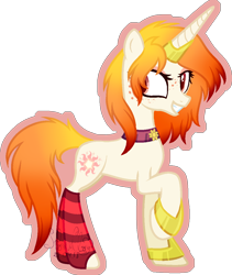 Size: 1000x1184 | Tagged: safe, artist:stormcloud-yt, imported from derpibooru, oc, oc only, oc:sun star, pony, unicorn, base used, choker, clothes, female, grin, horn, mare, simple background, smiling, socks, solo, striped socks, transparent background, unicorn oc