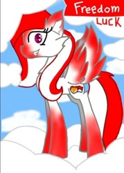 Size: 481x673 | Tagged: safe, artist:indonesia pony, imported from derpibooru, oc, oc only, oc:freedom luck, pegasus, pony, cloud, colored hooves, colored wings, ear fluff, female, fur, grin, hooves, indonesia, looking at you, mare, on a cloud, pegasus oc, side view, sky, smiling, smiling at you, solo, spread wings, standing, standing on a cloud, tail, two toned mane, two toned tail, wide eyes, wings