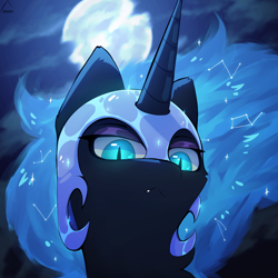 Size: 1324x1324 | Tagged: safe, artist:glazirka, imported from derpibooru, nightmare moon, alicorn, pony, :<, bust, cute, cute little fangs, fangs, looking at you, moon, moonabetes, portrait, solo