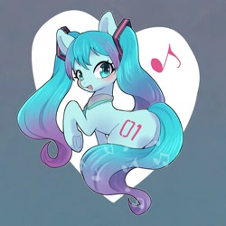 Size: 2000x2000 | Tagged: safe, artist:ayahana, imported from derpibooru, earth pony, pony, anime, blushing, butt, female, gradient background, gradient mane, gradient tail, hatsune miku, heart, high res, hooves, looking at you, looking back, mare, music notes, open mouth, open smile, plot, ponified, raised hoof, smiling, solo, tail, underhoof, vocaloid