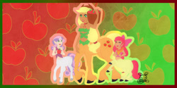 Size: 3464x1732 | Tagged: safe, artist:nemoturunen, imported from derpibooru, apple bloom, applejack, sweetie belle, centaur, taur, apple, basket, centaurified, centaurjack, clothes, female, food, hat, species swap