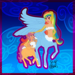 Size: 2449x2449 | Tagged: safe, artist:nemoturunen, imported from derpibooru, rainbow dash, scootaloo, centaur, taur, abstract background, centaurdash, centaurified, cloud bikini, duo, female, laurel wreath, species swap