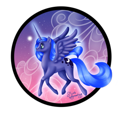 Size: 2449x2449 | Tagged: safe, artist:nemoturunen, imported from derpibooru, princess luna, alicorn, pony, female, flying, mare, moon, night, signature, simple background, stars, transparent background