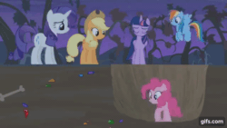 Size: 640x360 | Tagged: safe, imported from derpibooru, screencap, applejack, pinkie pie, rainbow dash, rarity, twilight sparkle, alicorn, earth pony, pegasus, pony, unicorn, bats!, season 4, animated, applejack's hat, cowboy hat, digging, drill hair, female, flying, gif, gifs.com, hat, mare, night, open mouth, pinkie being pinkie, spread wings, tree, twilight sparkle (alicorn), wings