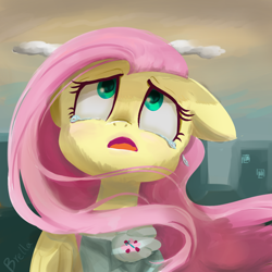 Size: 1000x1000 | Tagged: safe, artist:brella, imported from derpibooru, fluttershy, pegasus, pony, fallout equestria, bust, city, cityscape, clothes, cloud, crying, female, floppy ears, folded wings, looking up, open mouth, sad, solo, teary eyes, windswept mane, wings