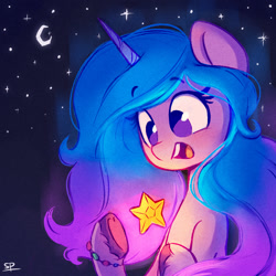 Size: 1000x1000 | Tagged: safe, artist:scribble-potato, imported from derpibooru, izzy moonbow, pony, unicorn, crescent moon, crystal, female, g5, mare, moon, no pupils, open mouth, open smile, smiling, solo, stars
