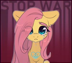 Size: 4000x3500 | Tagged: safe, artist:radioaxi, imported from derpibooru, fluttershy, pegasus, pony, :<, anti-war, bust, crying, eye clipping through hair, female, floppy ears, full face view, high res, looking at you, mare, peace symbol, sad, solo, teary eyes