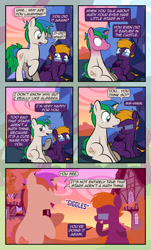 Size: 1920x3169 | Tagged: safe, artist:alexdti, imported from derpibooru, oc, oc only, oc:purple creativity, oc:star logic, pegasus, pony, unicorn, comic:quest for friendship, blushing, blushing profusely, comic, dialogue, duo, eyes closed, female, folded wings, glasses, grin, high res, hoof over mouth, hooves, horn, house, lineless, looking at each other, looking at someone, looking away, looking back, male, mare, open mouth, open smile, outdoors, pegasus oc, raised eyebrow, raised hoof, shadow, shrunken pupils, sitting, smiling, speech bubble, stallion, tail, two toned mane, two toned tail, underhoof, unicorn oc, wings