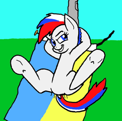 Size: 878x872 | Tagged: safe, artist:lekonar13, imported from derpibooru, oc, oc only, oc:marussia, earth pony, pony, comments locked down, current events, earth pony oc, featureless crotch, female, flag, flagpole, grin, hooves, hooves behind head, legs in air, mare, multicolored mane, multicolored tail, nation ponies, op is a duck, op is trying to start shit, politics, raised eyebrow, russia, smiling, solo, tail, ukrainian, underhoof
