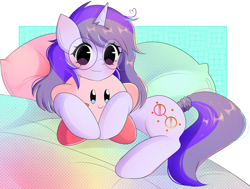 Size: 1167x883 | Tagged: safe, artist:arwencuack, imported from derpibooru, oc, oc only, oc:glass sight, pony, unicorn, bed, blushing, commission, crossover, cute, female, glasses, horn, kirby, kirby (series), looking at you, lying down, mare, ocbetes, on bed, plushie, prone, puffball, smiling, smiling at you, solo, unicorn oc, weapons-grade cute