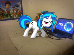 Size: 3264x2448 | Tagged: safe, artist:silentmatten, artist:tmntmlp4ever2000, imported from derpibooru, dj pon-3, vinyl scratch, pony, unicorn, computer, female, glasses, high res, irl, laptop computer, mare, paw patrol, photo, ponies in real life, solo