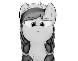 Size: 2994x2360 | Tagged: safe, artist:marusya, edit, imported from derpibooru, oc, oc only, oc:marussia, earth pony, pony, :<, braid, bust, chest fluff, earth pony oc, eyebrows, eyebrows visible through hair, female, grayscale, high res, mare, monochrome, nation ponies, pathetic, raised eyebrow, russia, simple background, solo, white background