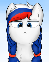 Size: 1910x2400 | Tagged: safe, artist:marusya, imported from derpibooru, oc, oc only, oc:marussia, earth pony, pony, :<, braid, bust, chest fluff, earth pony oc, eyebrows, eyebrows visible through hair, female, frown, gradient background, high res, mare, multicolored mane, nation ponies, pathetic, ponified, raised eyebrow, russia, solo