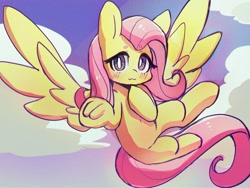 Size: 1600x1200 | Tagged: safe, artist:choyamy, imported from derpibooru, fluttershy, pegasus, pony, cloud, cute, female, flying, frog (hoof), looking at you, mare, shyabetes, sky, solo, spread wings, underhoof, wings