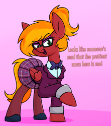 Size: 1066x1204 | Tagged: safe, artist:moonatik, imported from derpibooru, oc, oc only, oc:moonatik, pegasus, pony, abstract background, bowtie, clothes, crossdressing, crystal prep academy uniform, cuffs (clothes), dialogue, eyebrows, eyebrows visible through hair, eyeshadow, femboy, folded wings, full body, glasses, hoof shoes, makeup, male, open mouth, open smile, pegasus oc, pink background, ponytail, raised hoof, school uniform, shoes, simple background, skirt, smiling, solo, stallion, standing, tights, wings