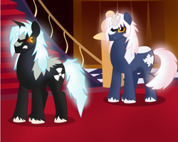 Size: 1280x1024 | Tagged: safe, artist:ectttan, imported from derpibooru, kaiju, kaiju pony, pony, fanfic:the bridge, angry face, brothers, canterlot castle, crooked horn, duo, fanfic art, godzilla (series), godzilla junior, growling, horn, male, multiple horns, ponified, siblings, smiling, stallion, tricorn, xenilla