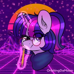 Size: 1000x1000 | Tagged: safe, artist:orbitingdamoon, imported from derpibooru, twilight sparkle, pony, ambiguous race, bust, eye clipping through hair, female, glasses, glowing, glowing horn, horn, magic, pencil, solo, synthwave, synthwave grid, telekinesis